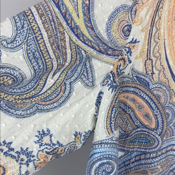 Chico's Dotted Swiss Semi-Sheer Blue, Coral & White Paisley 3/4 Sleeve Blouse 3 - Picture 4 of 12